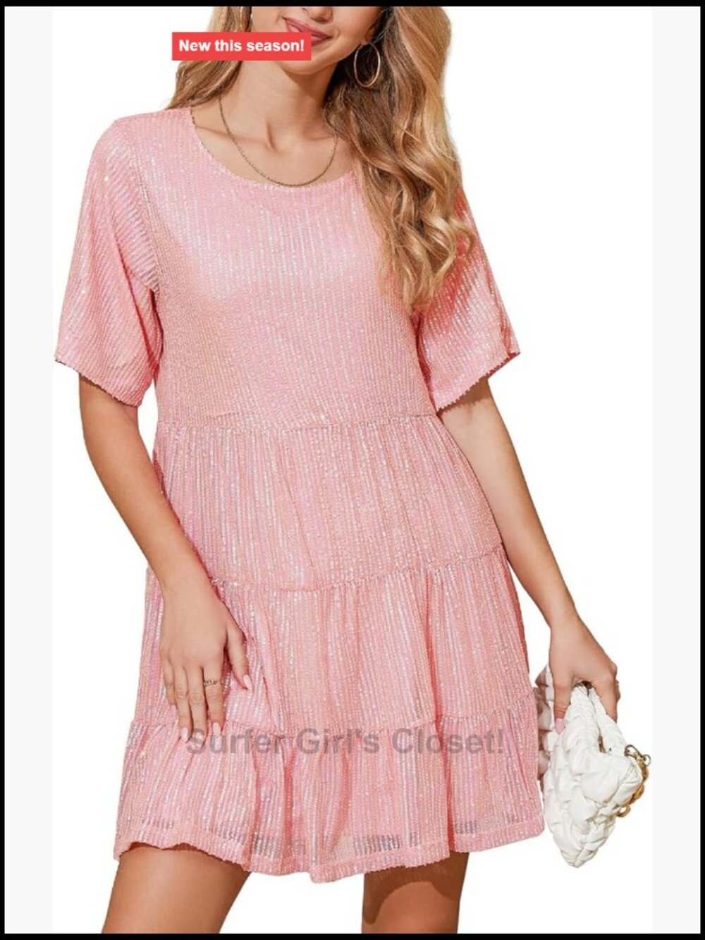 Sequin Babydoll Dress Short Sleeve Sparkly Glitter Party Club A-Line Flowy